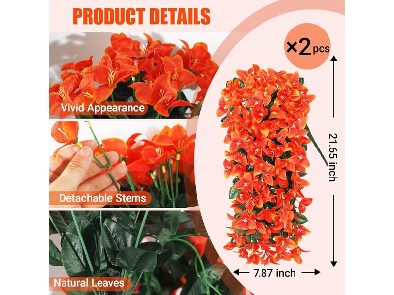2 Piece Artificial Hanging Bougainvillea Flowers UV Resistant Outdoor Garden image number 2