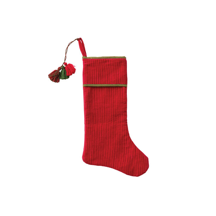 Quilted Cotton Velvet Stocking with Festive Tassels, Red & Green