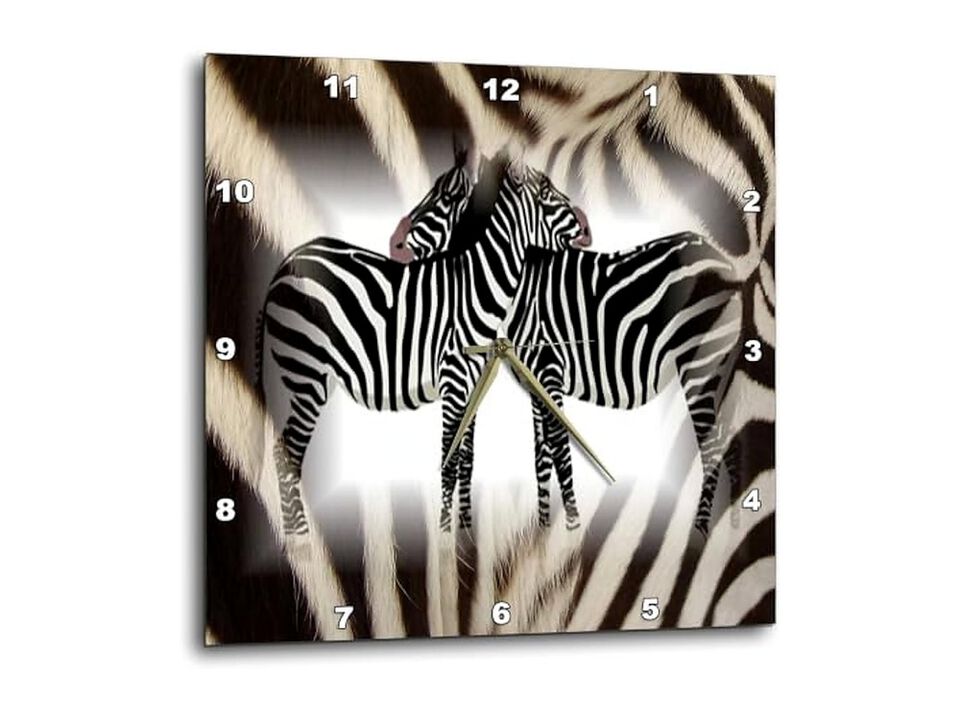 Hugging Zebras Real Fur Wall Clock 15 Inch Home Decor