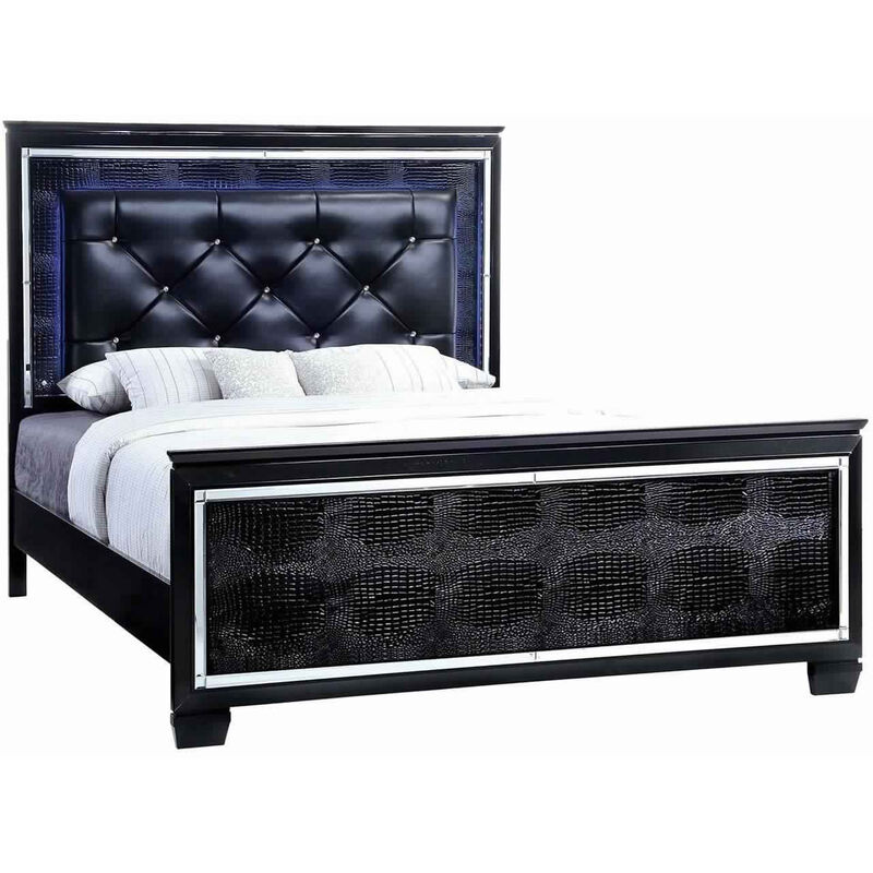 Textured California King Size Bed with Silver Trim Accents, Black - Benzara image number 0