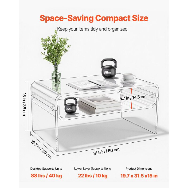 Modern Acrylic Coffee Table 2 Tier Rectangle with Storage Shelf image number 2