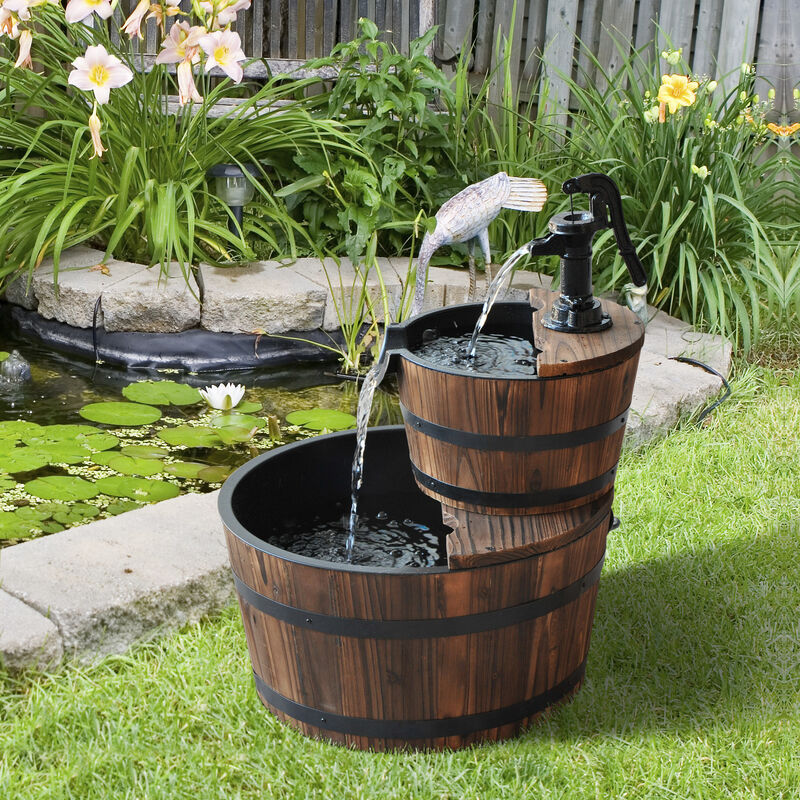 Old Fashioned Water Pump Barrel Fountain Fir Wood Outdoor Backyard Oasis Décor