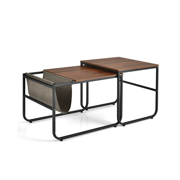 Set of 2 Nesting Coffee Tables with Side Pocket for Living Room Bedroom-Rustic Brown