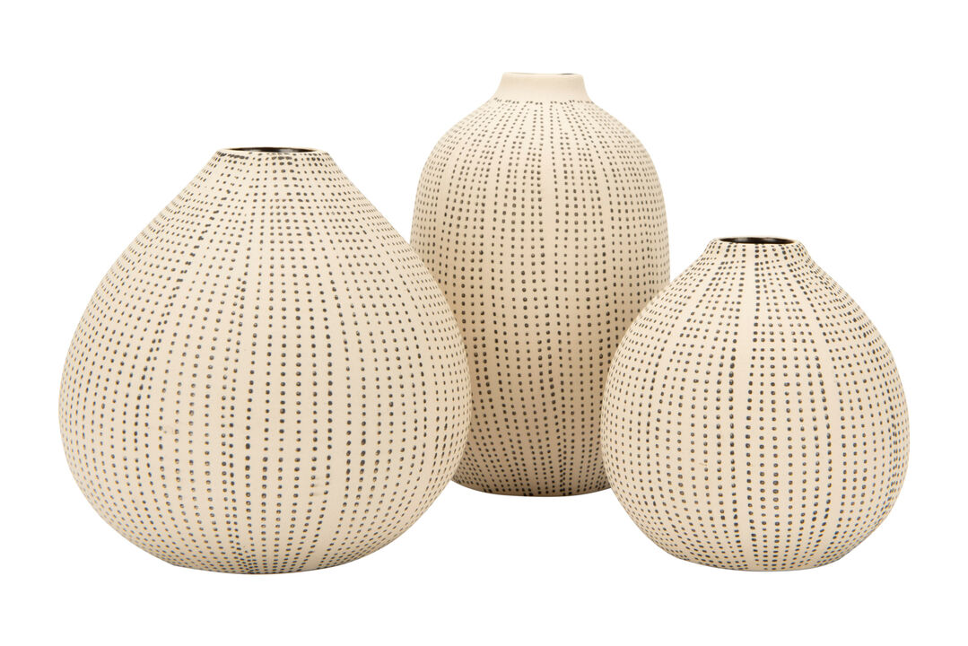 Round Stoneware Vases with Polka Dot Finish, White and Black, Set of 3