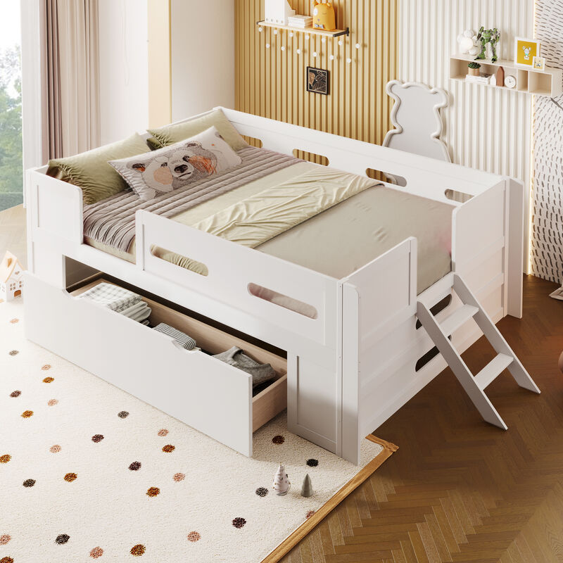 Merax Low Wood Platform Bed with Semi-Enclosed Guardrail & Storage Drawer image number 2