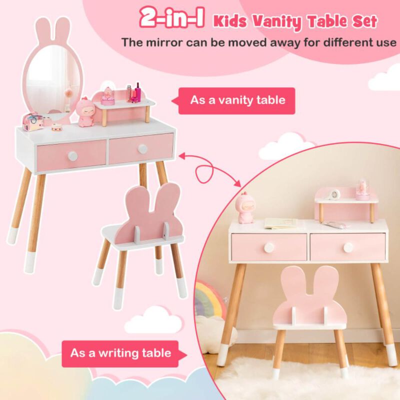 Hivvago Kids Vanity Table and Chair Set with Drawer Shelf and Rabbit Mirror