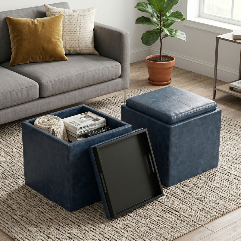 Rockwood 17 inch Wide Contemporary Square Cube Storage Ottoman with Tray in Denim Blue Vegan Faux Leather, Assembled image number 1
