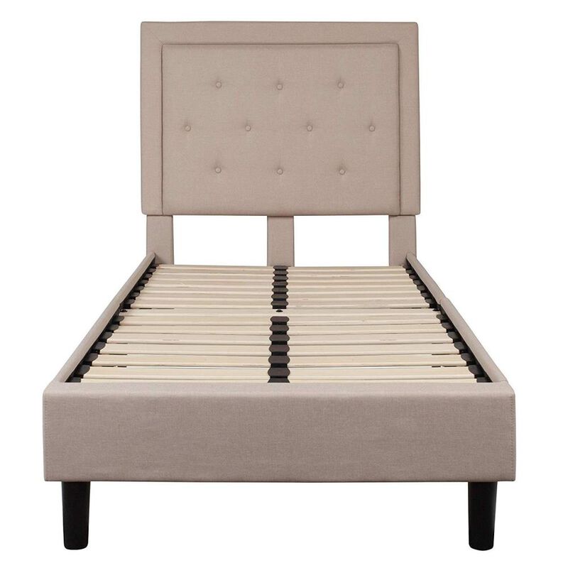 Hivvago Twin Beige Fabric Upholstered Platform Bed with Button Tufted Headboard