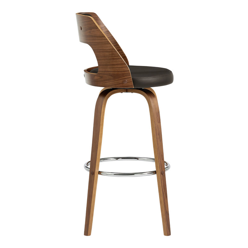 Axel Swivel Bar Stool in Brown Faux Leather and Walnut Wood