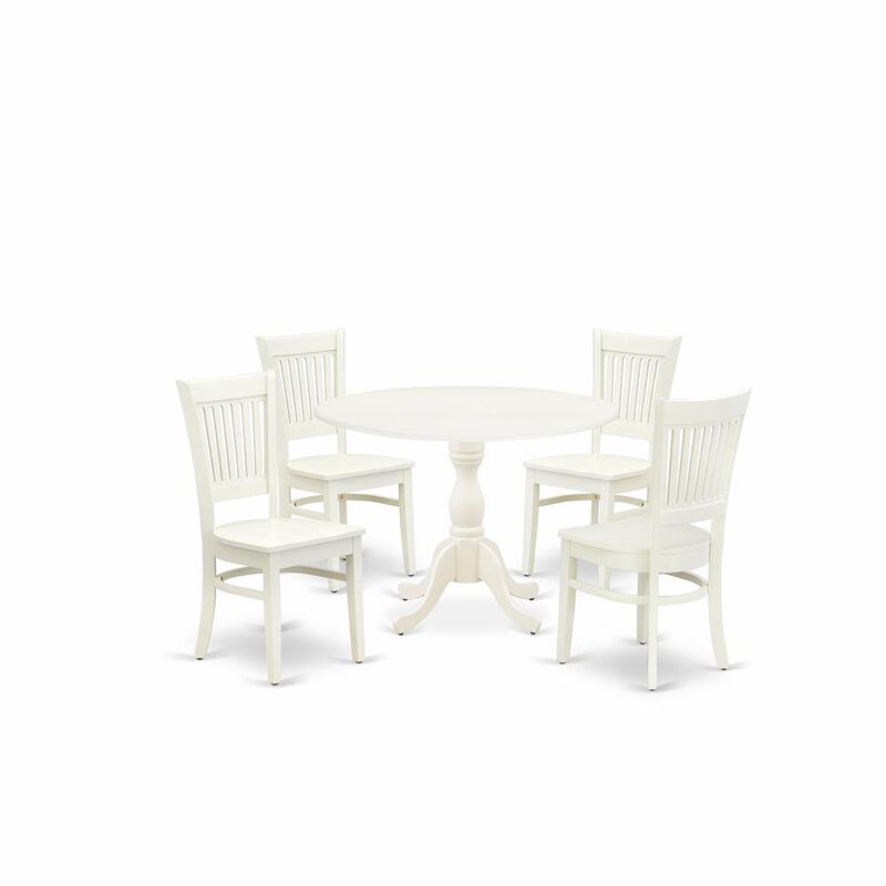 East West Furniture - DMVA5-LWH-W - 5-Pc Kitchen Dining Room Set- 4 Mid Century Chair with Wooden Seat and Slatted Chair Back - Drop Leaves Round Table - Linen White Finish