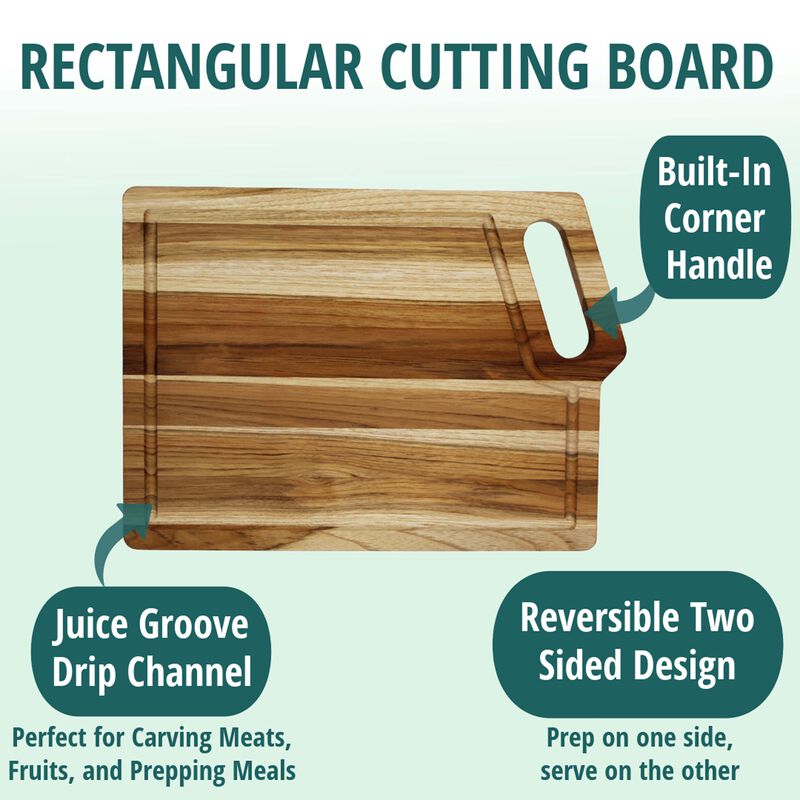 EcoDecors 18" x 14" FSC Teak Edge Grain Cutting Board with Handle & Groove
