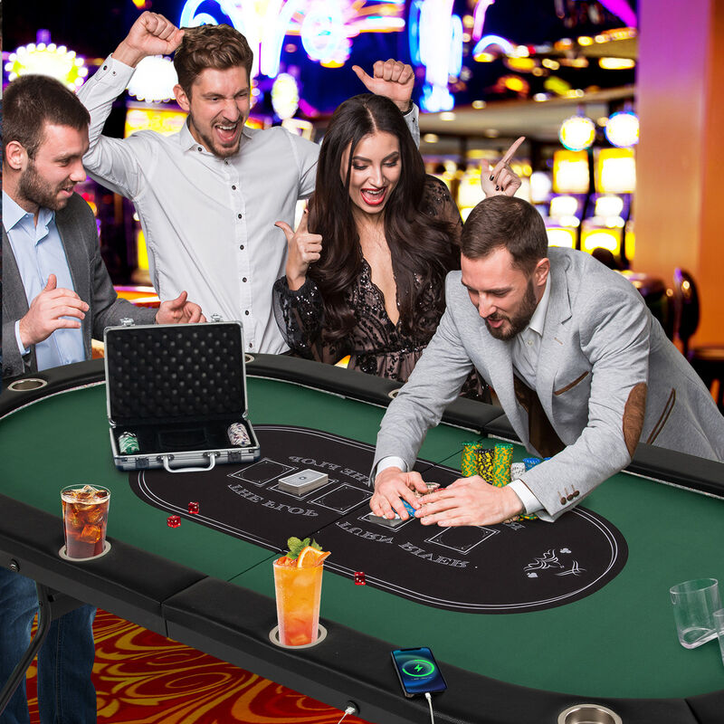10 Player Poker Table with LED Lights and USB Ports for Home Game Room-Green image number 7