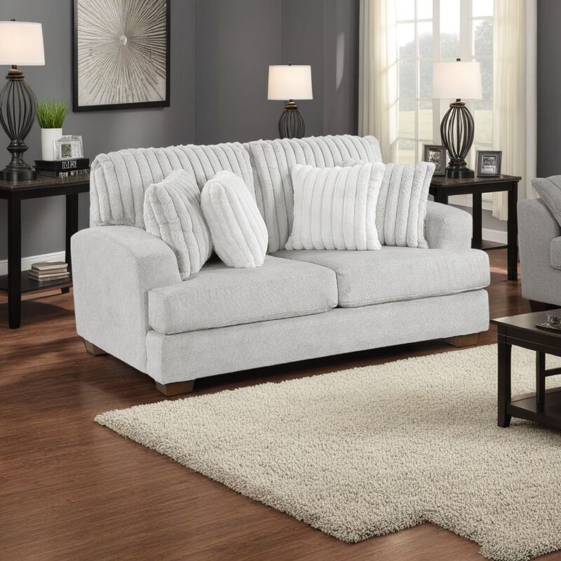 Witz Loveseat, 70 Inch, 4 Pillows, Ribbed Texture Light Gray Corduroy - Benzara