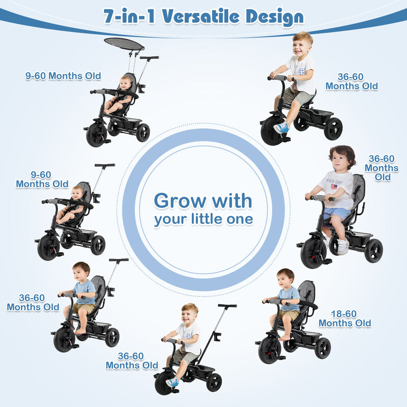 7-in-1 Baby Stroller Tricycle with Adjustable Canopy and Foldable Footrests image number 7