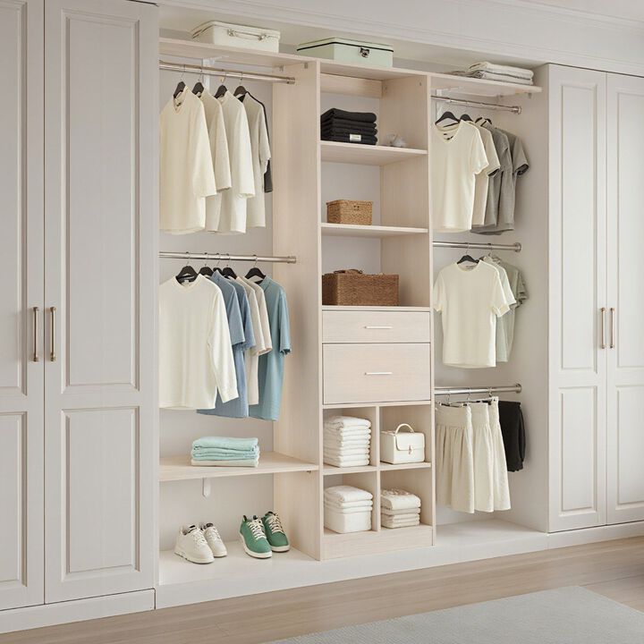 Modern Closet Organizer with 2 Drawers and 5 Retractable Hanging Rods, Grey