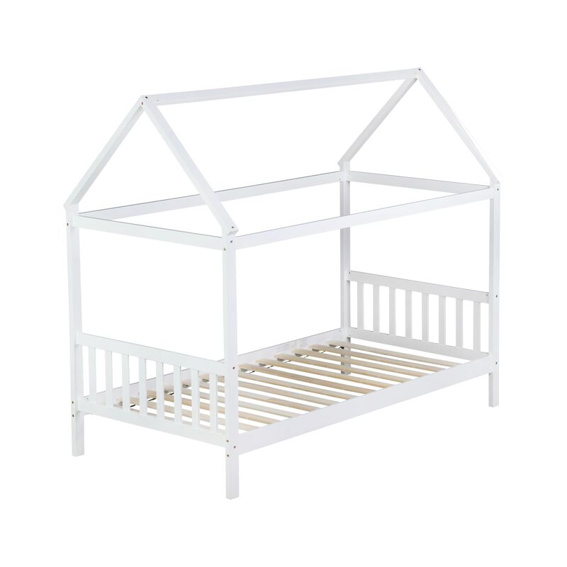 Whisen Twin House Frame Bed with Guardrails, Solid Rubber Wood Kids Bed with Roof Design