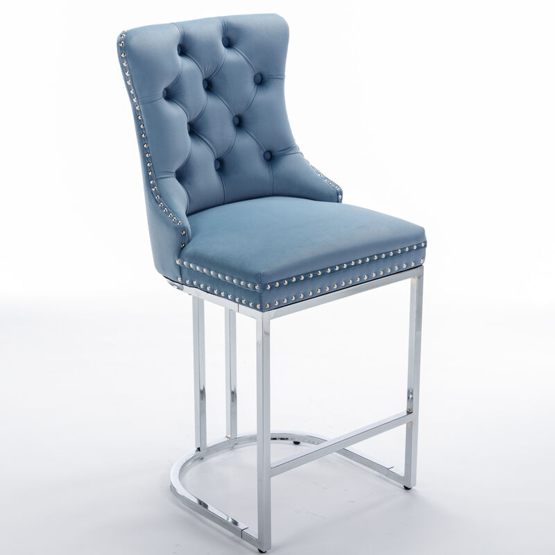 Streamdale Velvet Bar Stools Set of 2 with Chromed Metal Base Legs image number 3