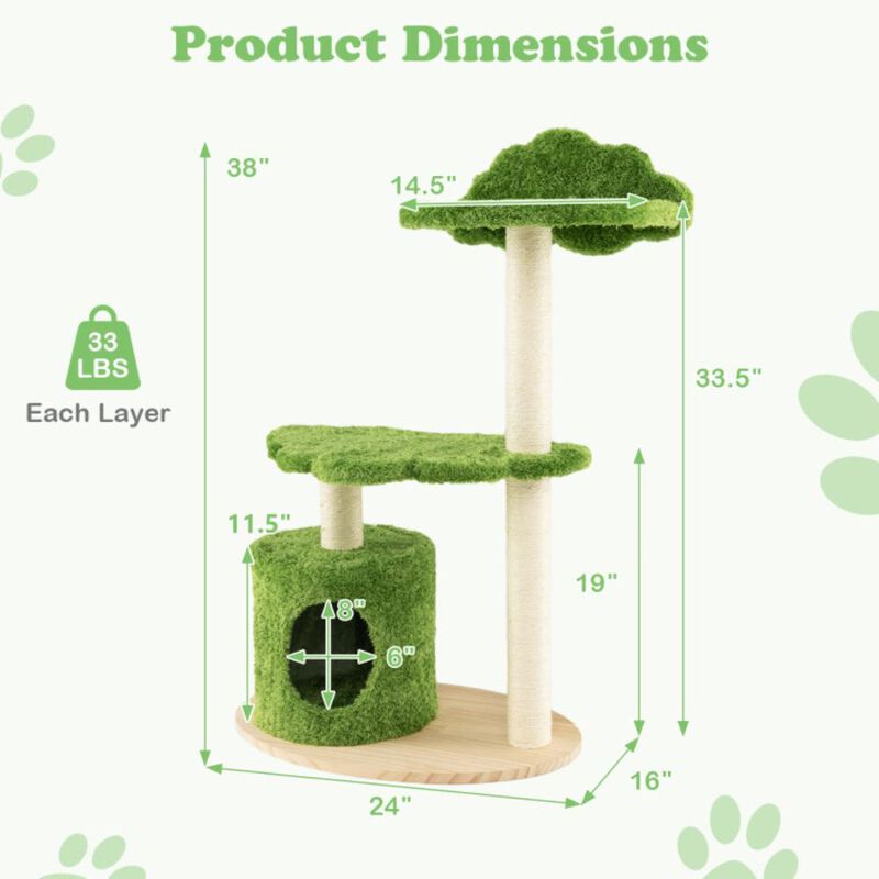 Hivvago 38 Inch Cute Cat Tree for Indoor Cats with Fully Wrapped Sisal Scratching Posts-Green