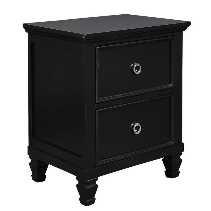 2 Drawer Wooden nightstand with Tapered Legs and Metal Rings, Black-Benzara