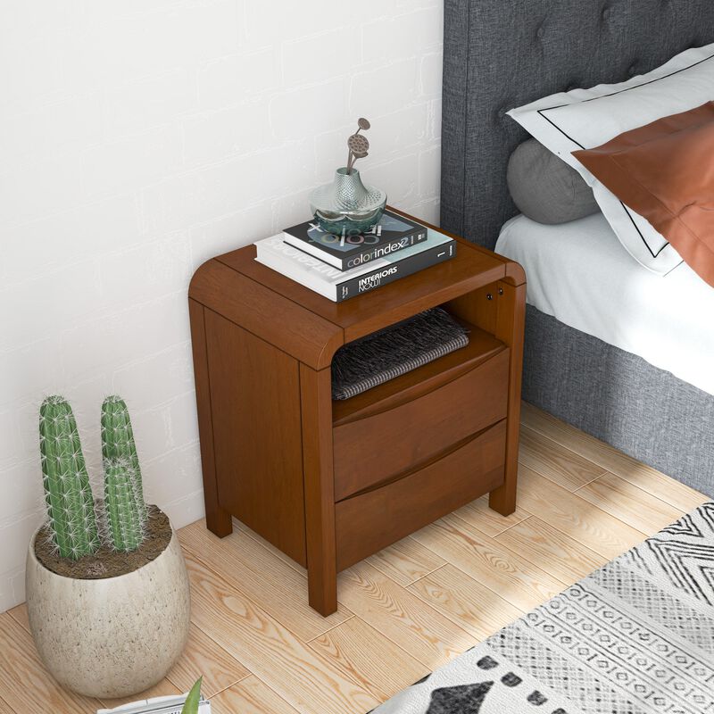 23.6" Assembled Mid Century Nightstand 2-Drawer Solid Wood Bedside Table image number 1