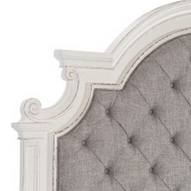 Desha Queen Bed, Button Tufted Headboard with Curve Details, Antique White