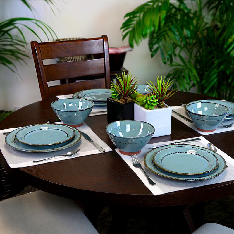 Gibson Elite Terranea 12 Piece Round Terracotta Dinnerware Set in Teal