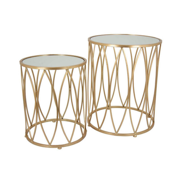 22 Inch Plant Stand Table Set of 2, Mirror Top, Gold Geometric Base - Benzara