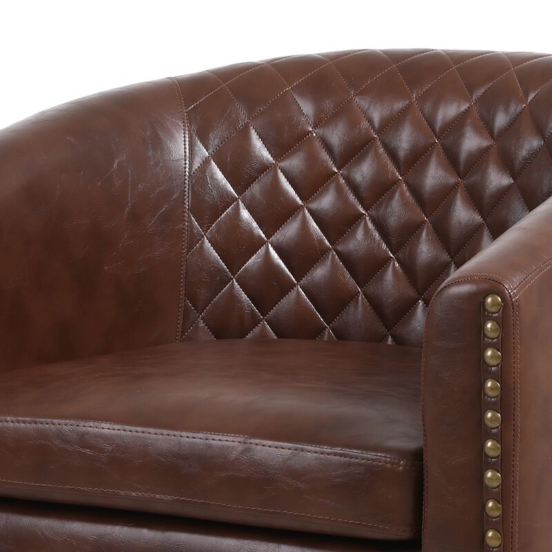 Leatherette Accent Chair with Nailhead Trim and Diamond Stitch, Brown-Benzara