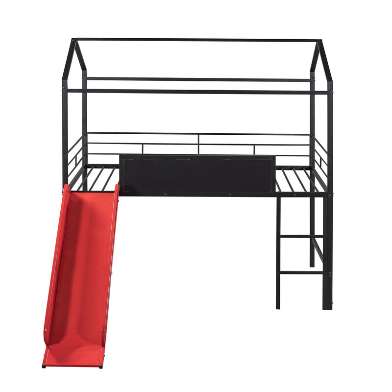 Whisen Metal House Bed With Slide, Twin Size Metal Loft Bed with Two-sided writable Wooden Board - Black and Red