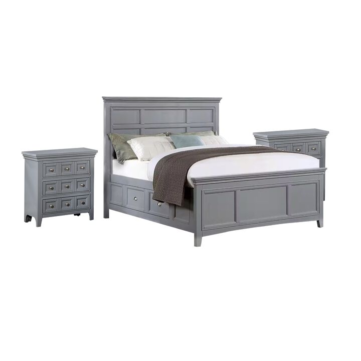 3pc King Bedroom Set, Gray, Chrome Wood, 2 Nightstands