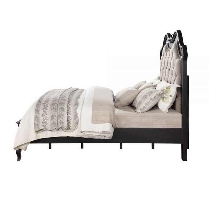Chery King Size Bed with Button Tufted Headboard, Beige Upholstery, Black - Benzara