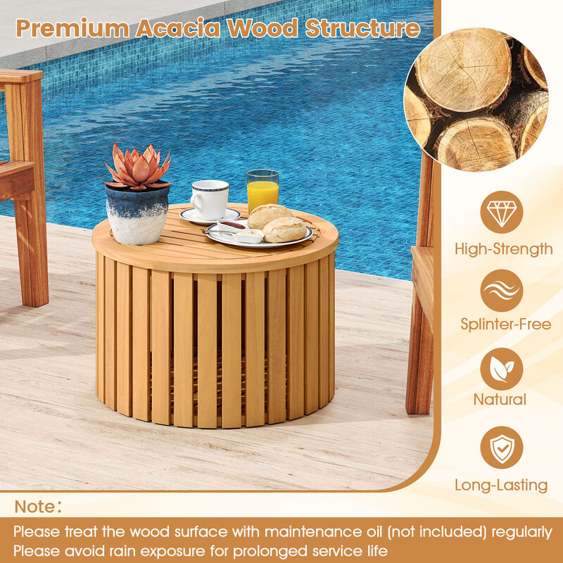 Outdoor 2-in-1 Side Table with Acacia Wood Slatted Coffee Table and Round End Storage Box-Natural image number 6