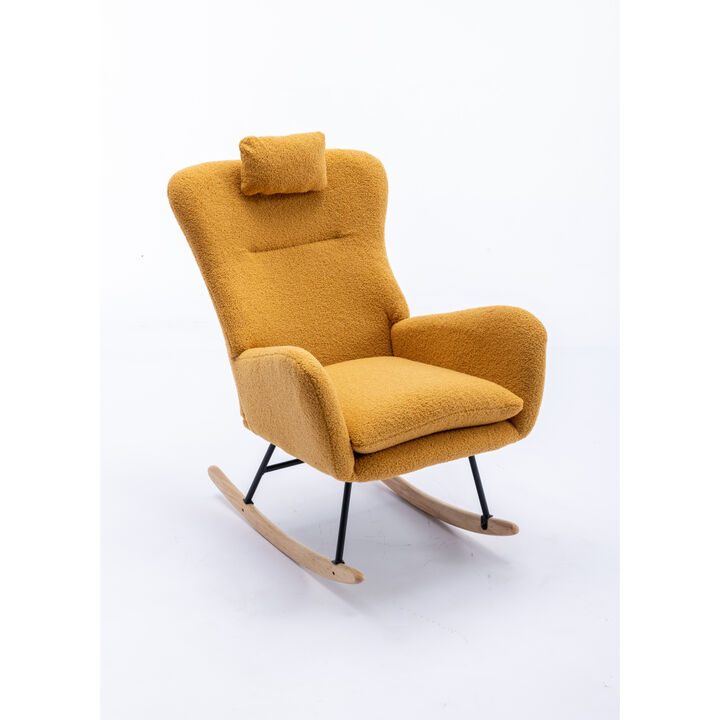 35.5 inch Rocking Chair, Soft Teddy Velvet Fabric Rocking Chair for Nursery, Comfy Wingback Glider Rocker with Safe Solid Wood Base for Living Room Bedroom Balcony (TURMERIC)