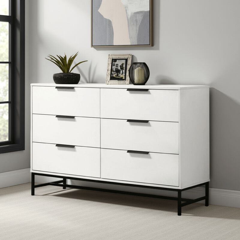 Noro Wide Dresser, 6 Storage Drawers, Modern White, Black Metal Legs - Benzara