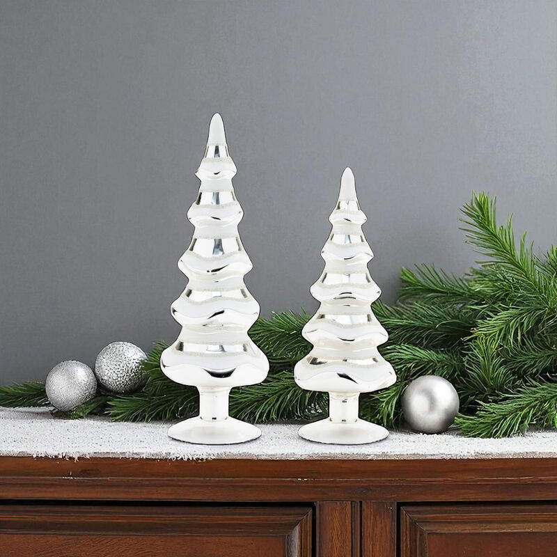 Snowy Pine Tree Decorations in Glass (2-Pack) – Elegant Frosted Holiday Trees for Seasonal Styling