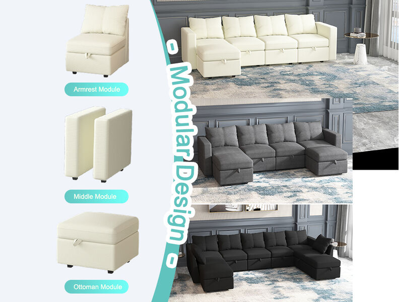 Modular 4-Seat Sectional Sofa with Wooden Frame and Chaise, Convertible Sofa with Pull-Out Bed, Available in Black, White, and Gray,109" L x 54.5" W x 34" H