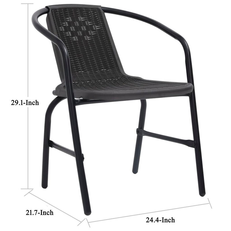 Outdoor Patio Chair Set of 4, Stackable, Plastic Rattan, Metal, Black - Benzara