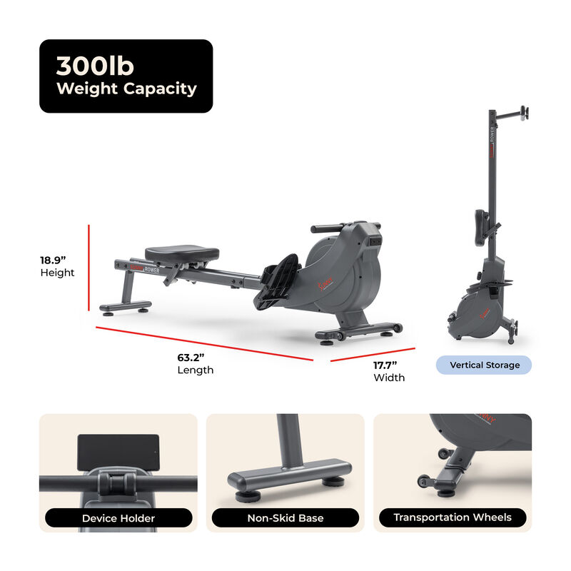 Sunny Health & Fitness Smart Quiet Dual Rail Magnetic Rower with 16 Resistance Levels & Performance Tracking by SunnyFit App image number 6