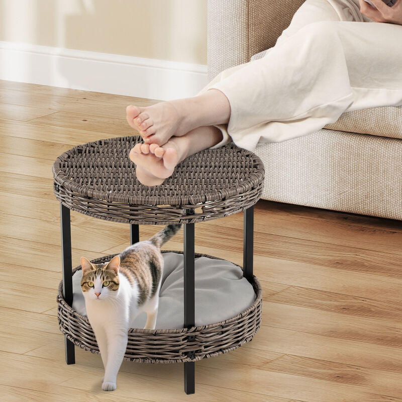 Rattan 2-Tier Cat Nest with Removable Padded Cushion for Home-Grey image number 4