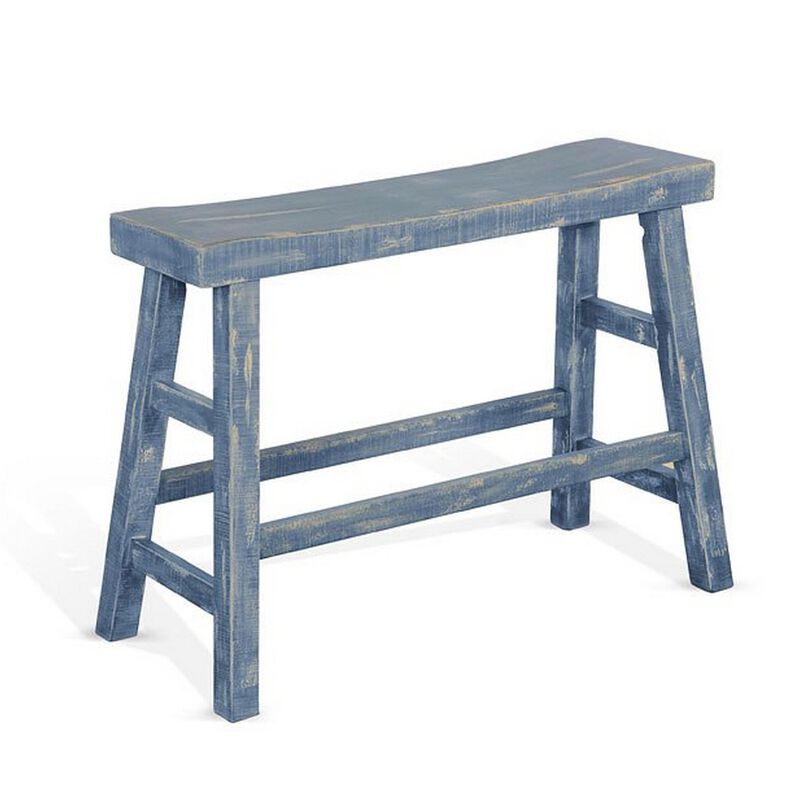 Rena Counter Height Bench | Trestle Legs with Footrests | 33" Wide Ocean Blue Mahogany Wood Frame - Benzara