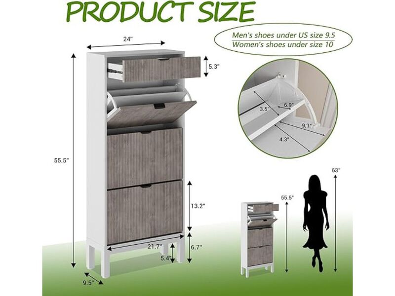 Slim Entryway Shoe Storage Cabinet Flip Drawer Adjustable Space Saving White image number 2