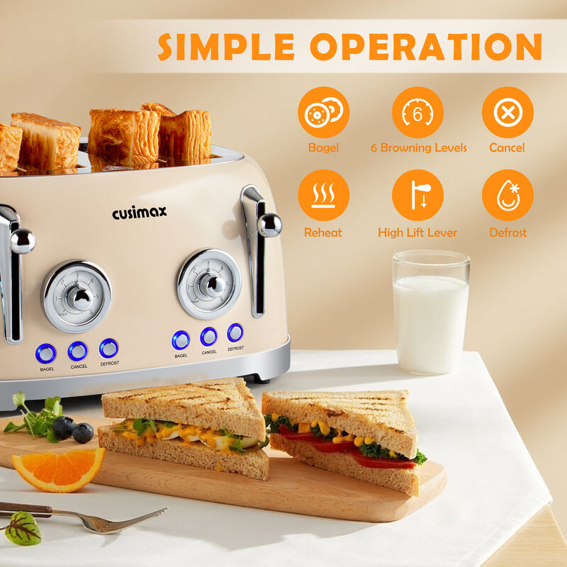 Cusimax Retro Toaster, 4 Slice with Extra Wide Slots for Bagels and Waffles, 6 Browning Levels and 4 Functions, Stainless Steel Toaster image number 3