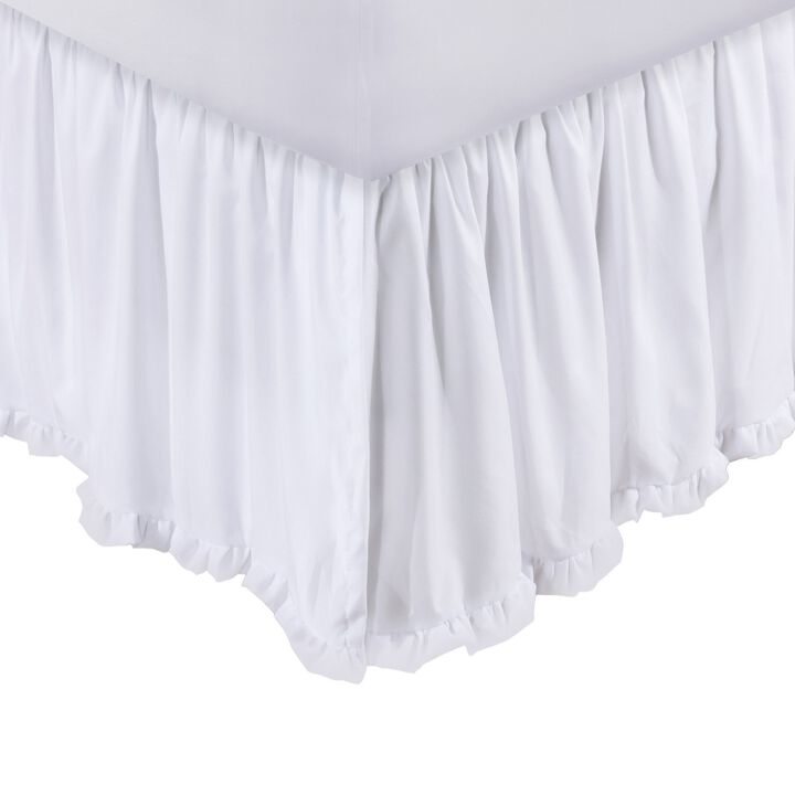 Mora Twin Bed Skirt, Polyester Platform, Split Corners, Ruffle Edge, White  - Benzara