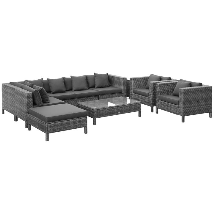 Outsunny Patio Furniture Set, 9 Piece Outdoor Sectional Sofa, All-Weather PE Rattan Wicker Conversation Set with Chairs, Ottoman, Loveseat, Coffee and Side Table, Cushions, Black
