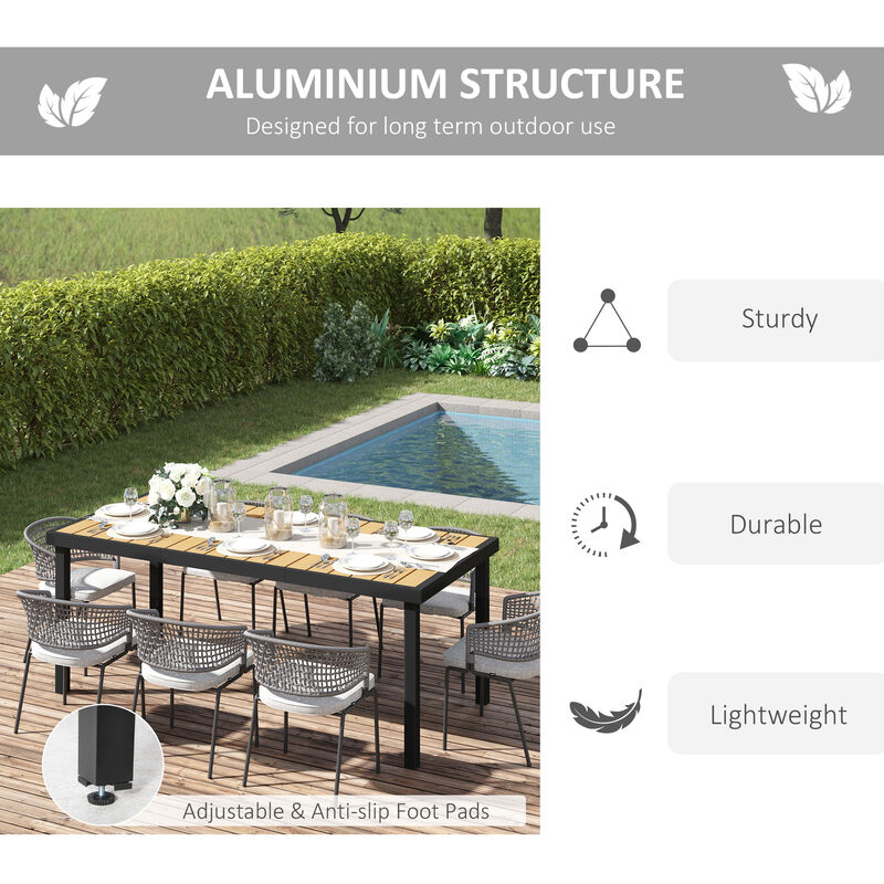 Outsunny 75" x 35" Outdoor Dining Table for 8 People, Rectangular Aluminum Frame Garden Table with All-Weather Faux Wood Top for Garden, Lawn, Patio, Natural