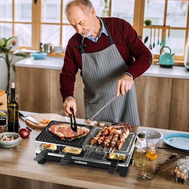 Cusimax Electric Raclette Table Grill, Portable Indoor BBQ Grill with 2 in 1 Reversible Non-stick Plate & Natural Grill Stone