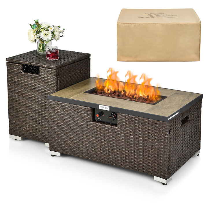 32 x 20 Inch Propane Rattan Fire Pit Table Set with Side Table Tank and Cover-Brown