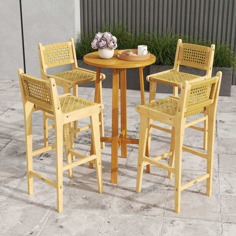 Teak Wood Bar Stool with Rattan Backrest and Seat, Perfect for Patio or Outdoor Bar
