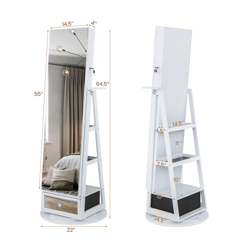 Lockable 360° Swivel Jewelry Cabinet with Full-Length Mirror LED Lights-White