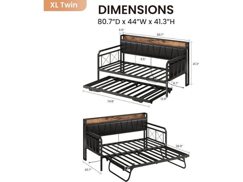 Twin XL Daybed with Trundle &ndash; Black Upholstered Frame with Storage Headboard & Charging Station image number 1